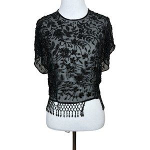 Vintage Topper Womens 10 Black Sheer Beaded Fringe Floral Cropped Short Sleeve